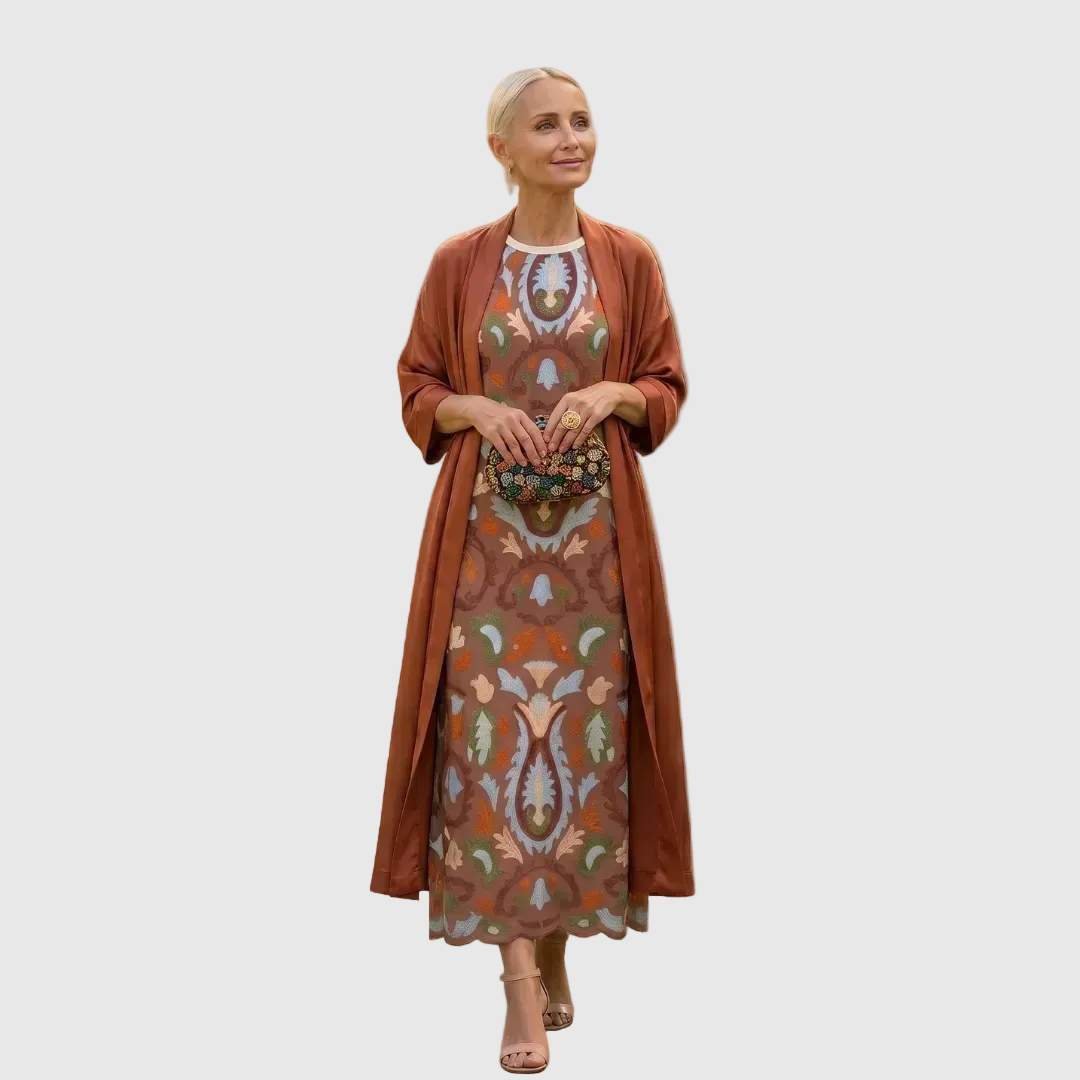 Daniela - Długa sukienka w kwiatowy wzór z dopasowanym kamizelką