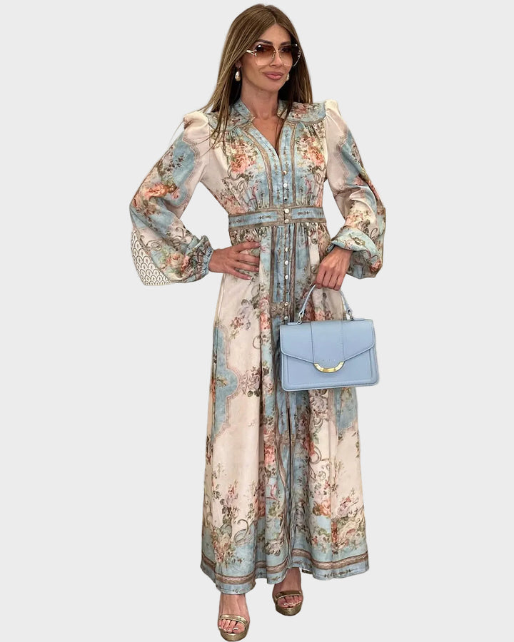 Meda – Elegancka długa sukienka w kwiaty z guzikami