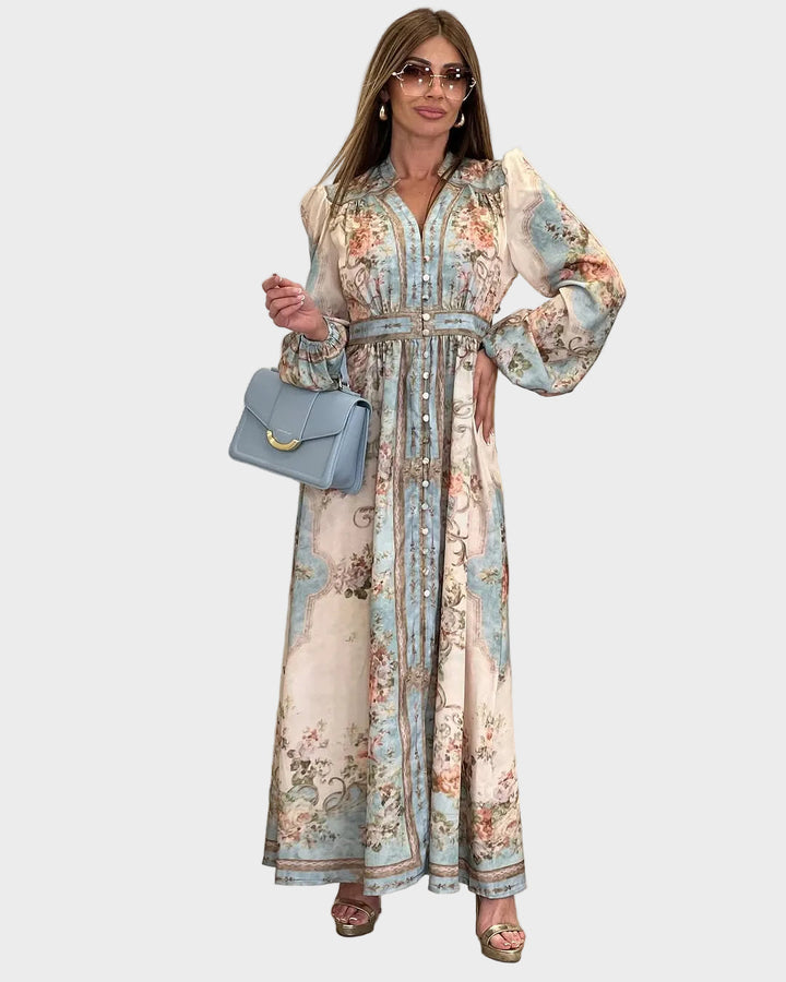 Meda – Elegancka długa sukienka w kwiaty z guzikami