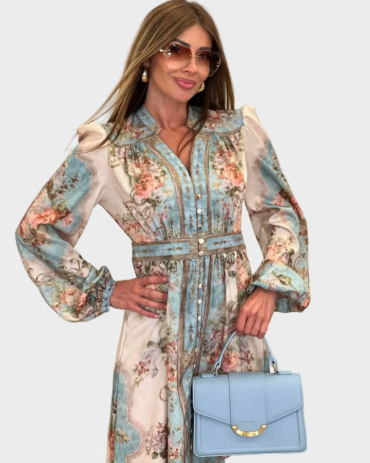 Meda – Elegancka długa sukienka w kwiaty z guzikami